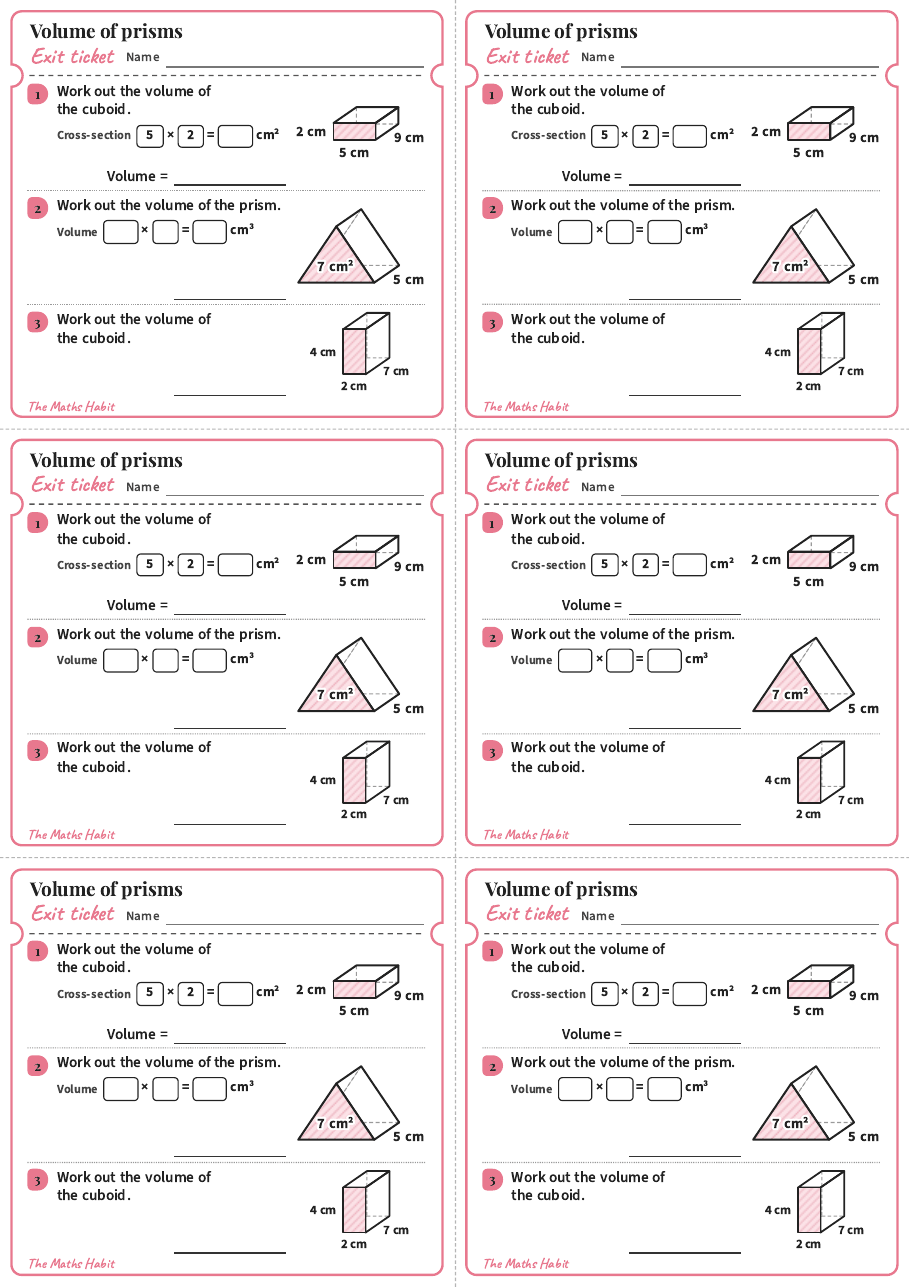 Volume of prisms, exit tickets