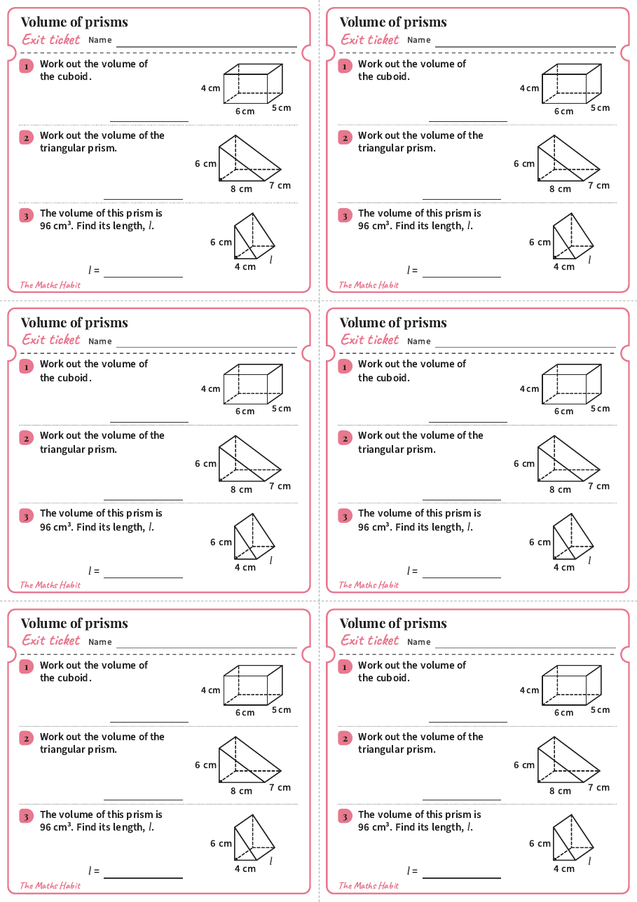 Volume of prisms, exit tickets