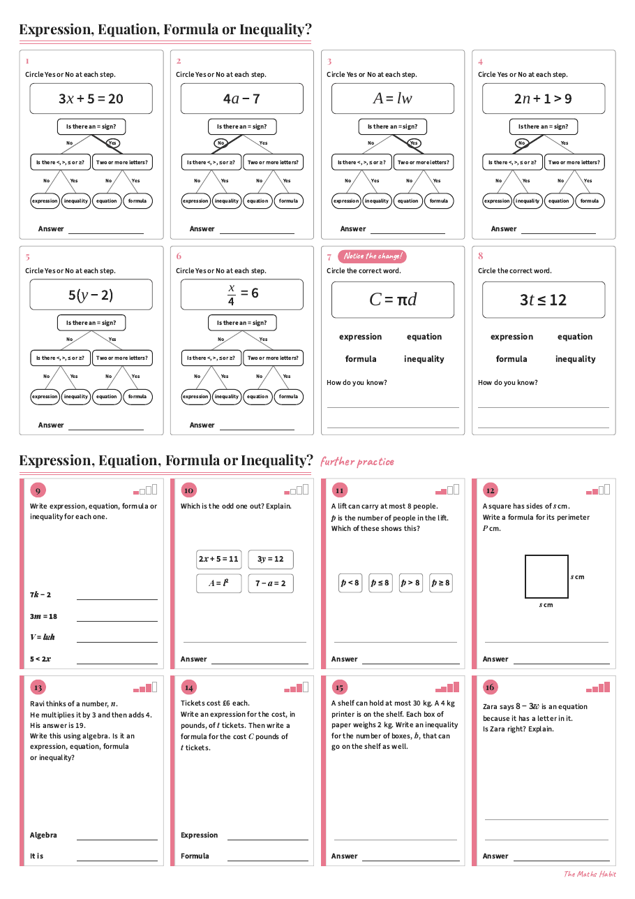 Expression, equation, formula or inequality?, first page
