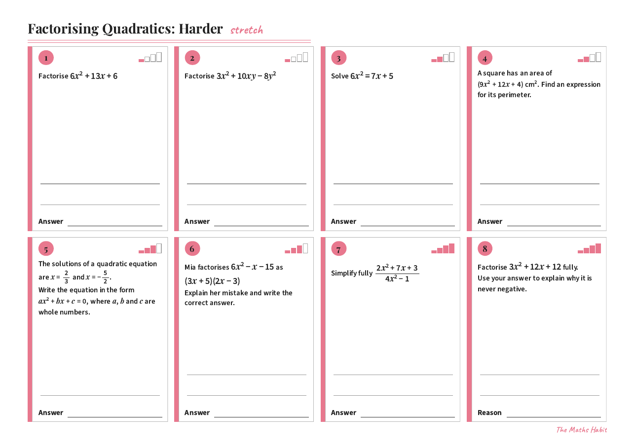 Factorising quadratics: harder, Stretch, first page