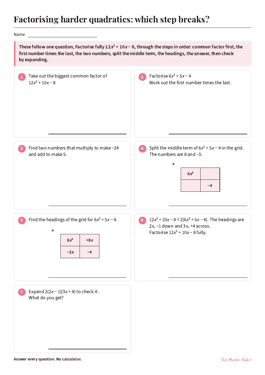Factorising harder quadratics: which step breaks?, first page