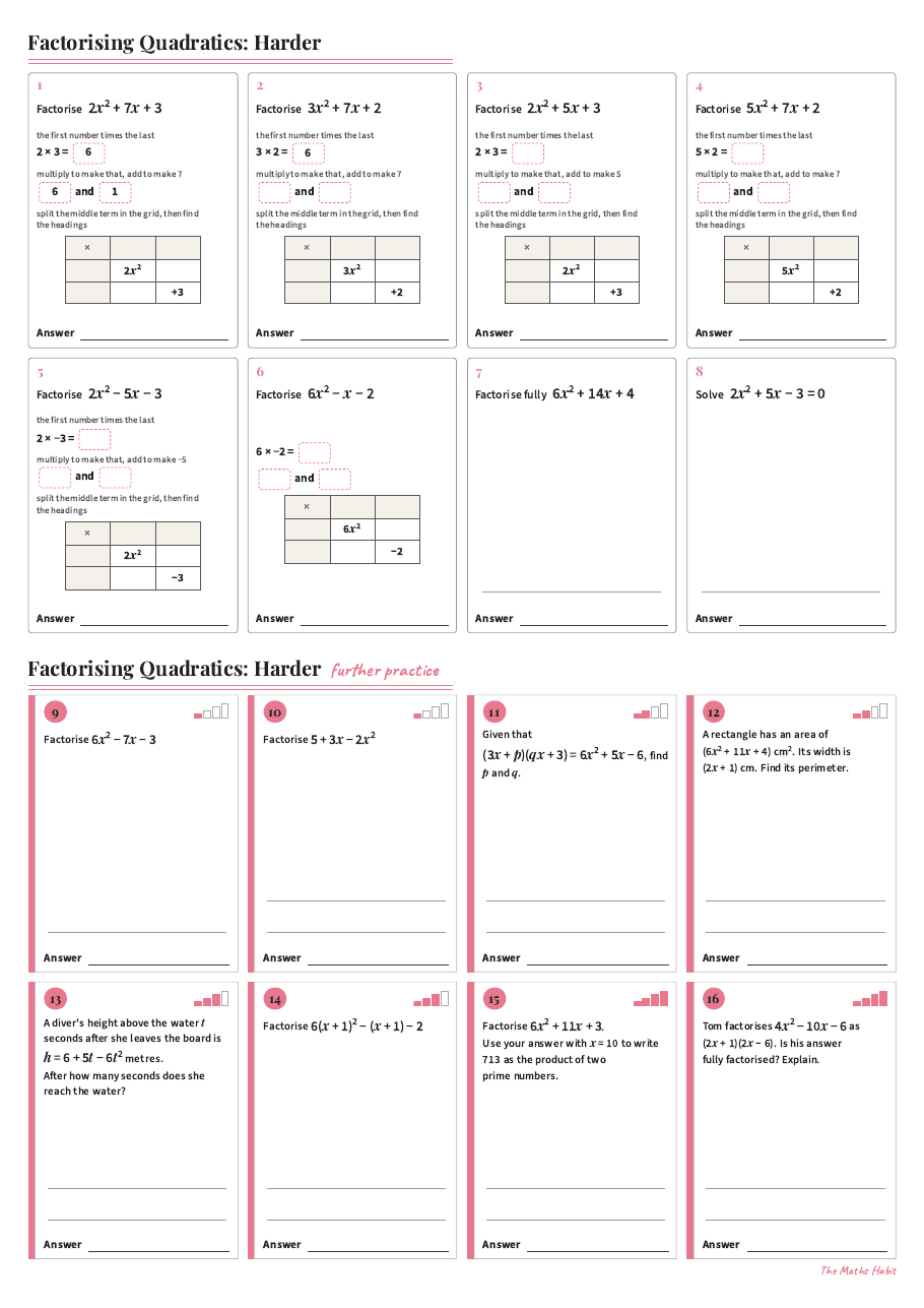 Factorising quadratics: harder, first page