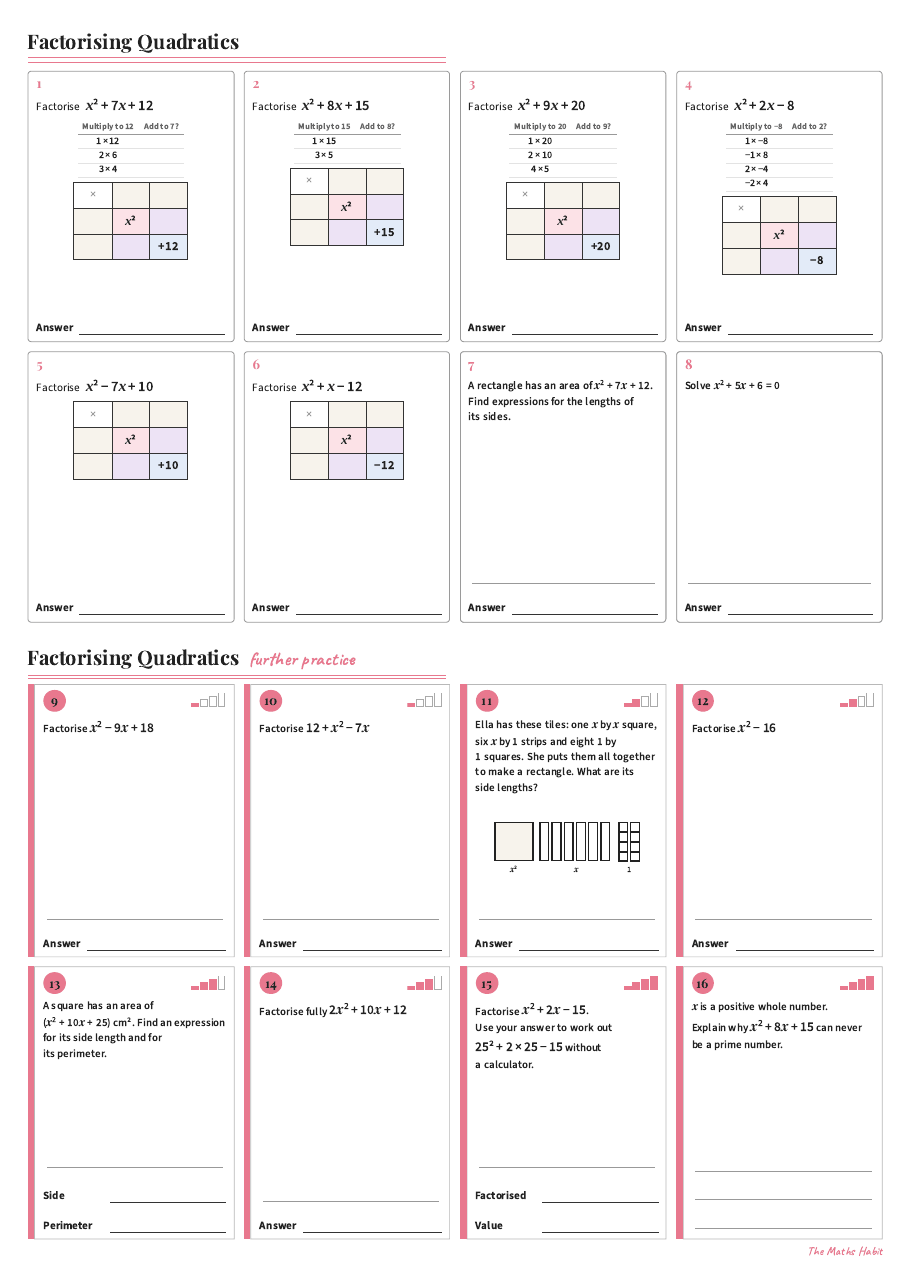 Factorising quadratics, first page