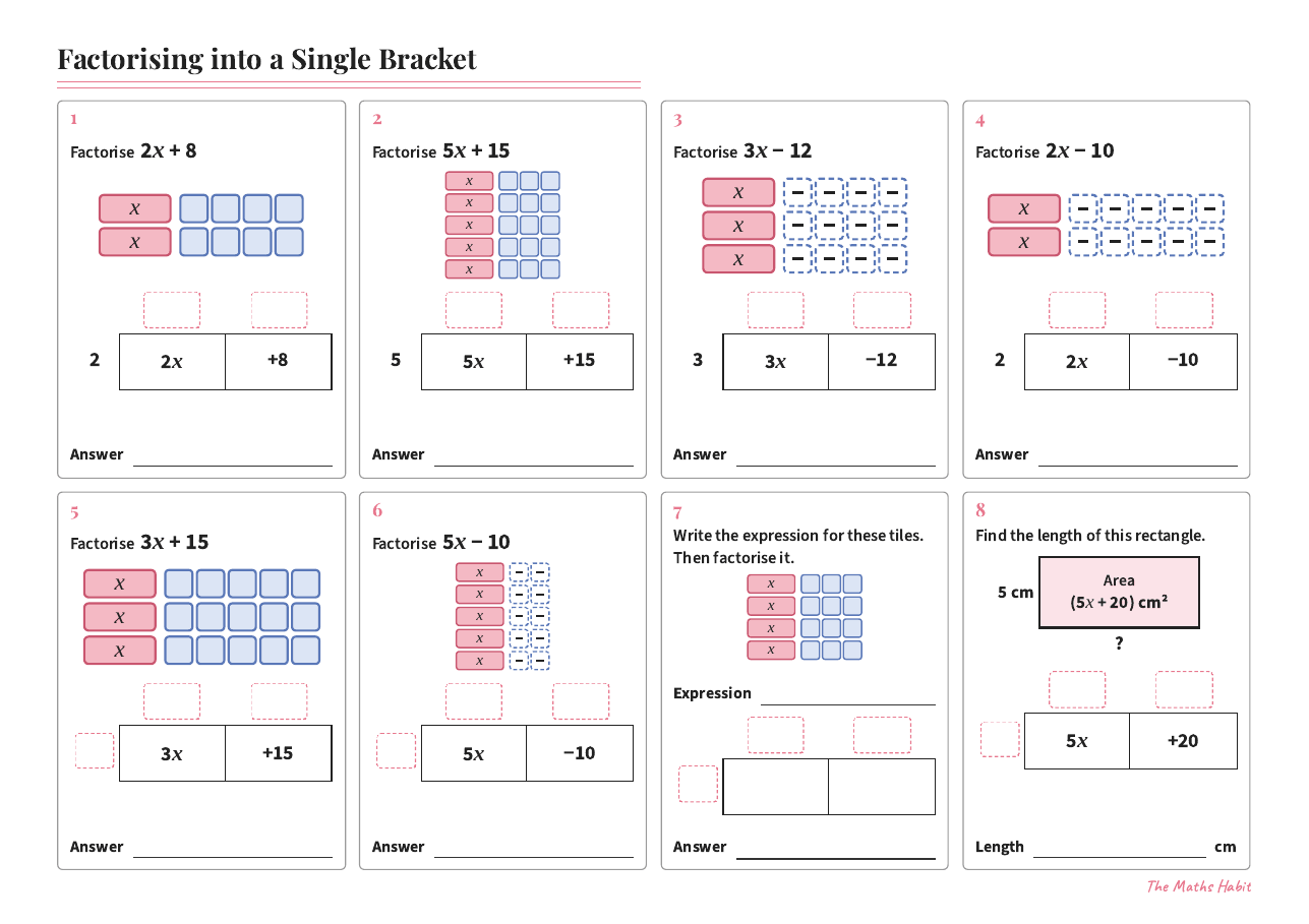 Factorising into a single bracket, first page