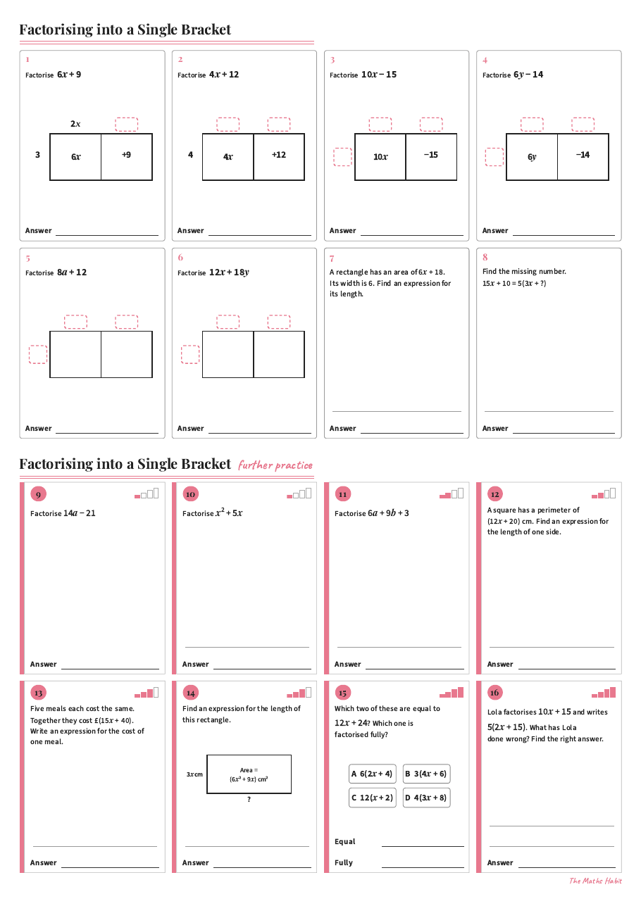 Factorising into a single bracket, first page