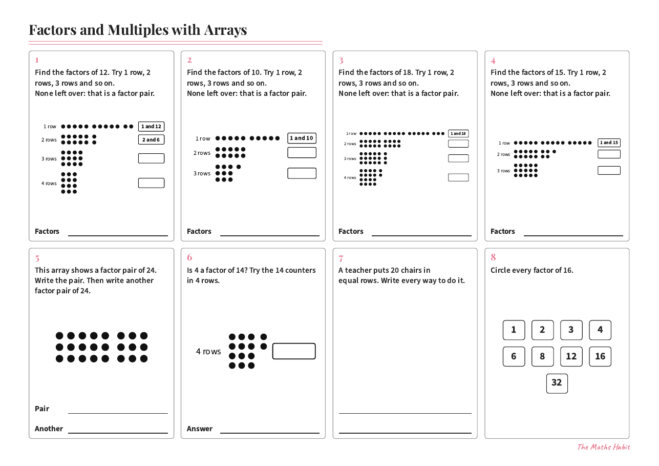 Factors and multiples with arrays, first page