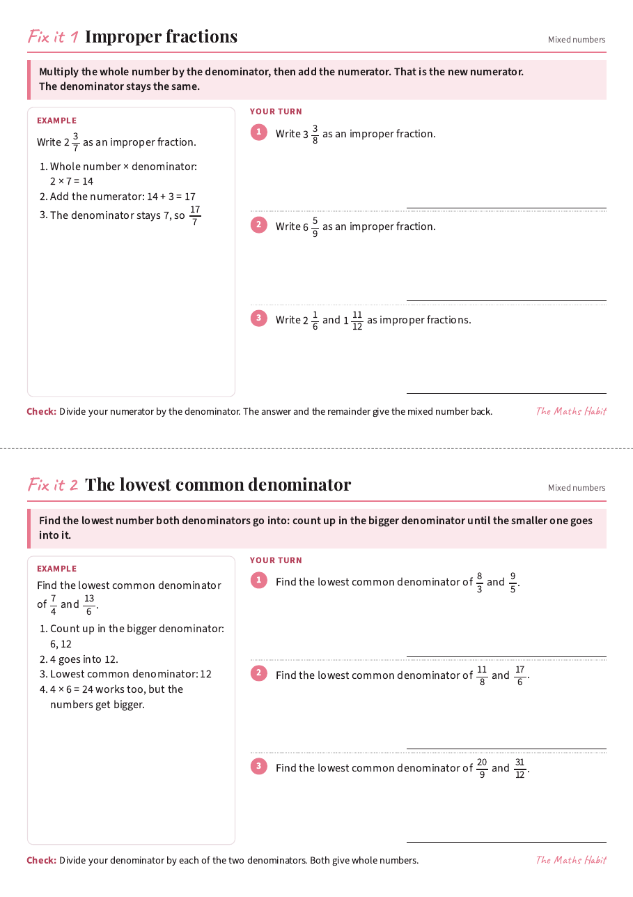 Fix it cards: adding and subtracting mixed numbers, first page