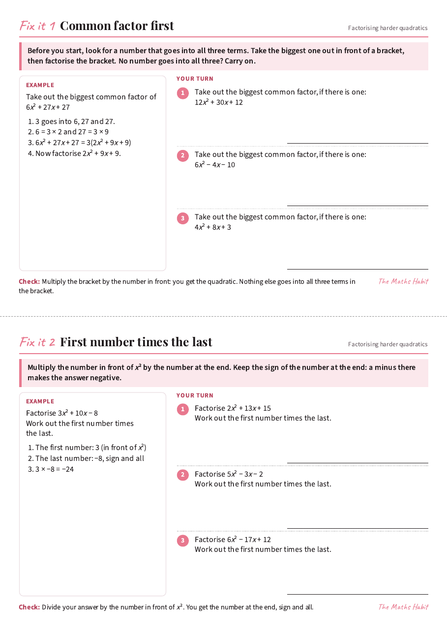 Fix it cards: factorising harder quadratics, first page