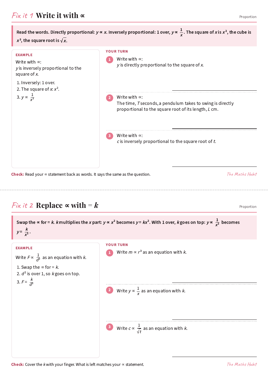 Fix it cards: direct and inverse proportion, first page