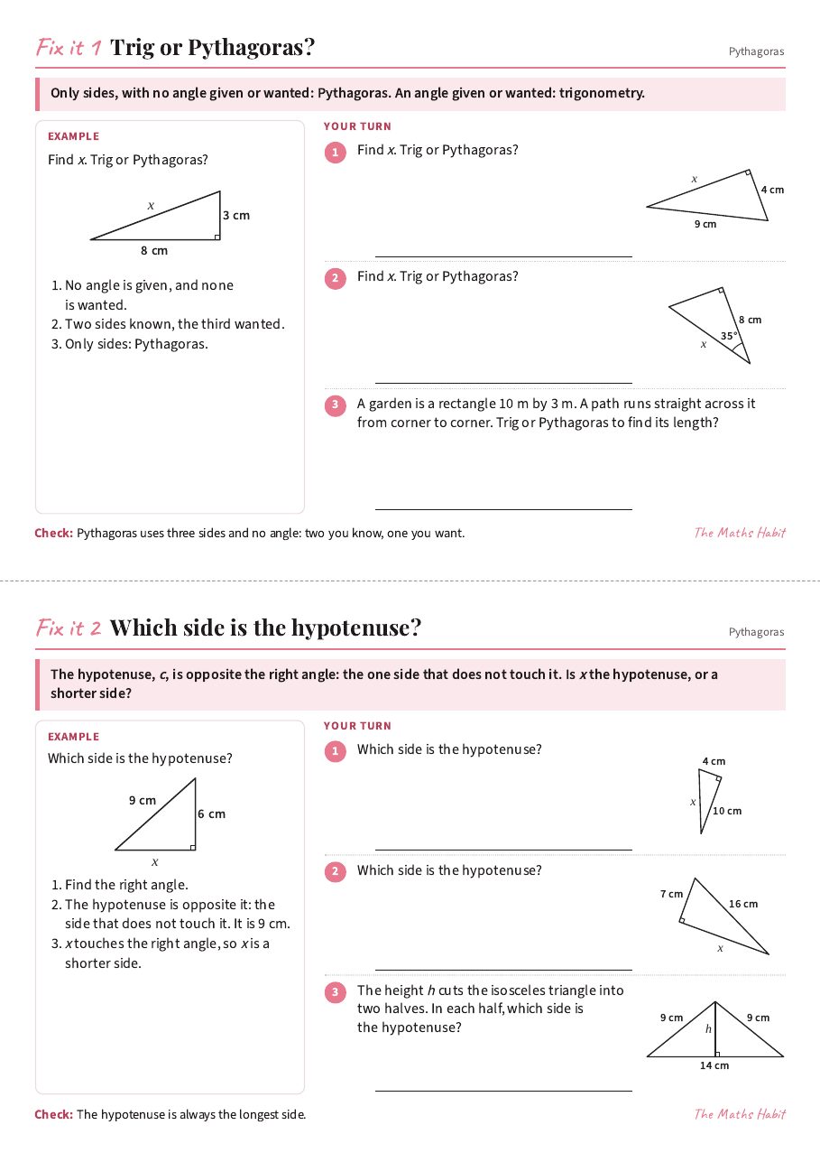 Fix it cards: Pythagoras, first page