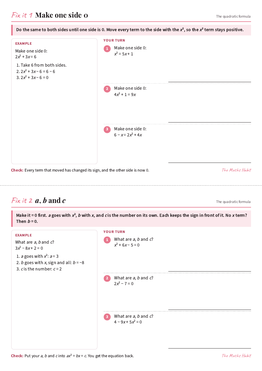 Fix it cards: the quadratic formula, first page