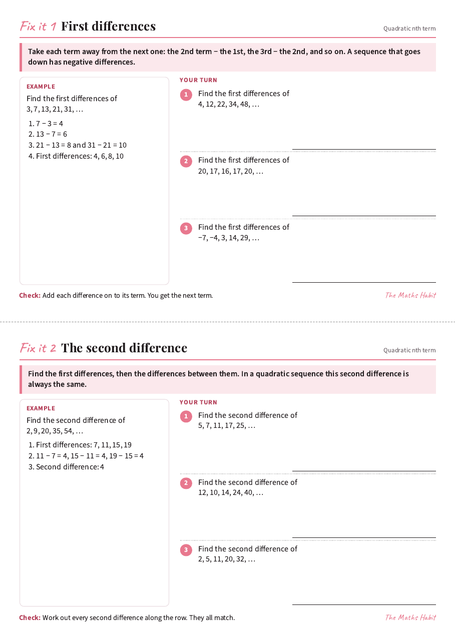 Fix it cards: nth term of a quadratic sequence, first page