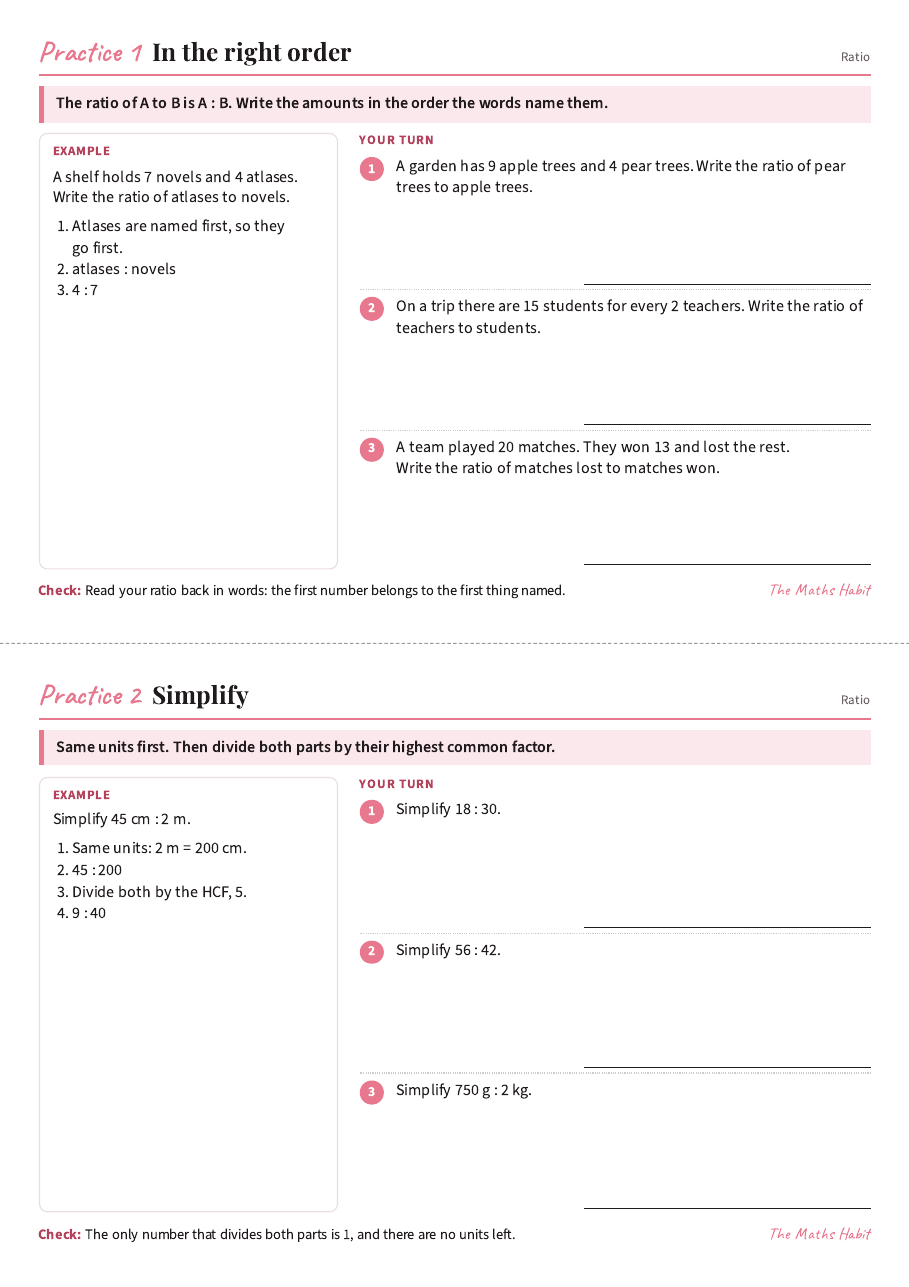 Practice cards: ratio, first page