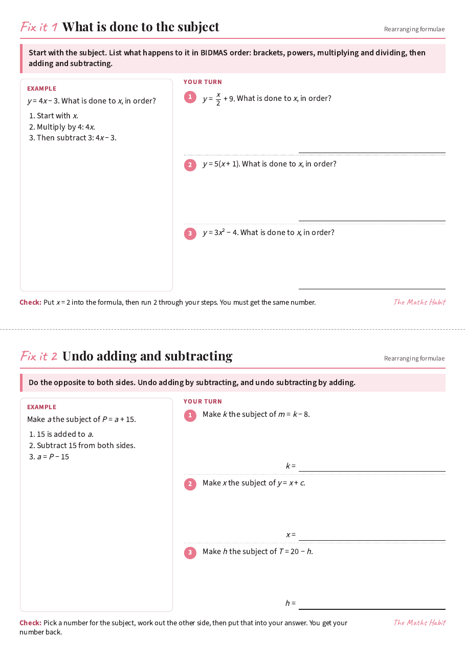 Fix it cards: rearranging formulae, first page