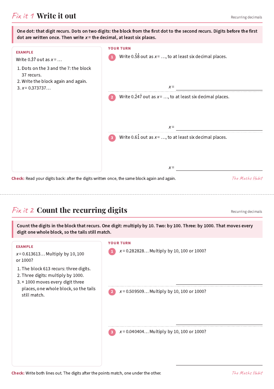 Fix it cards: recurring decimals to fractions, first page