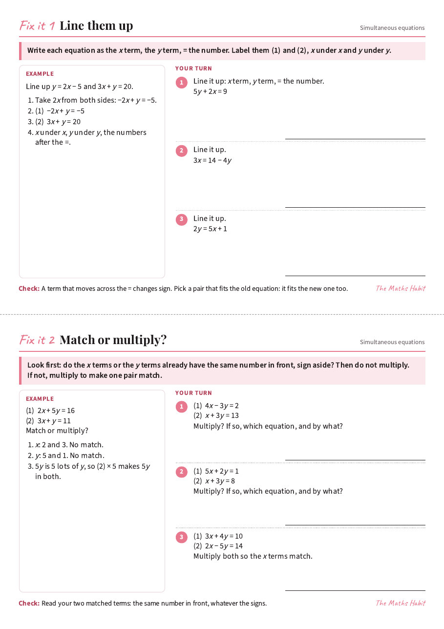 Fix it cards: simultaneous equations, first page