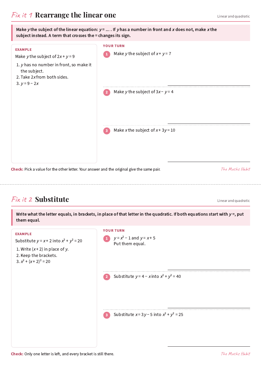 Fix it cards: linear and quadratic simultaneous equations, first page