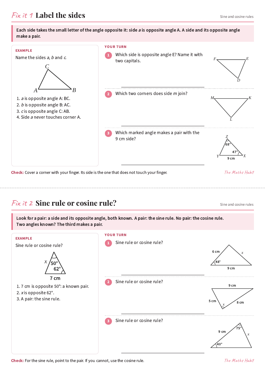 Fix it cards: the sine rule and the cosine rule, first page