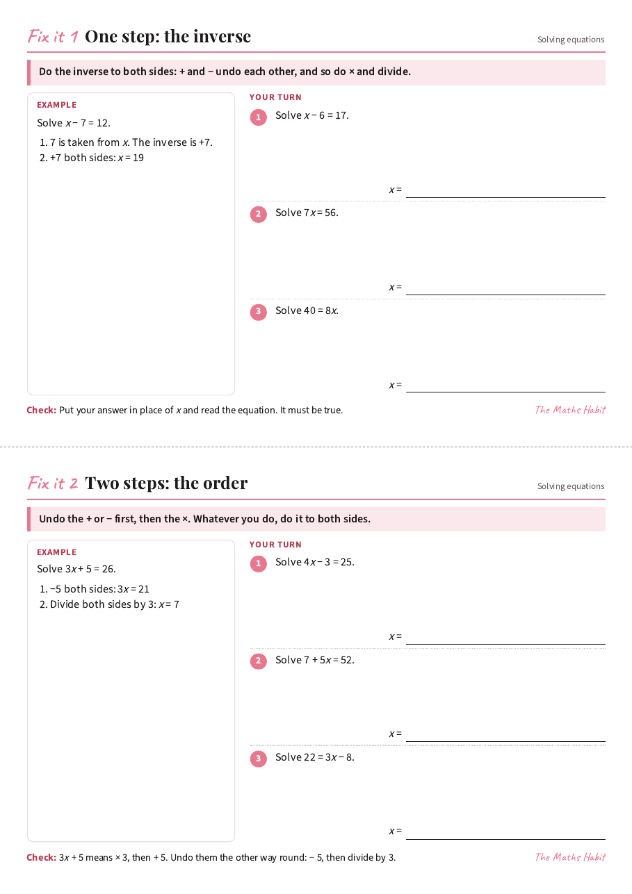 Fix it cards: solving equations, first page