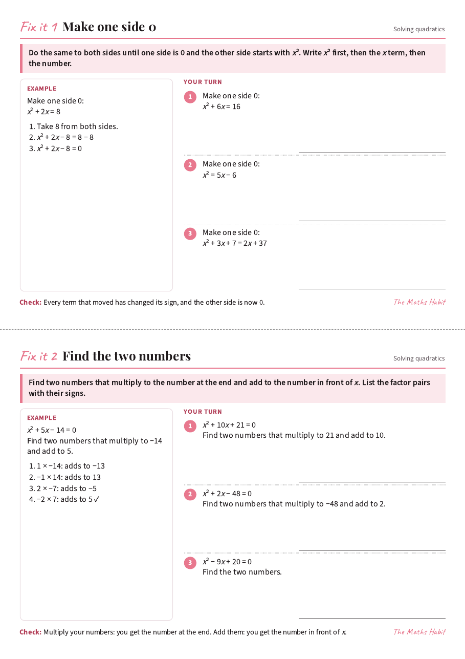 Fix it cards: solving quadratics by factorising, first page