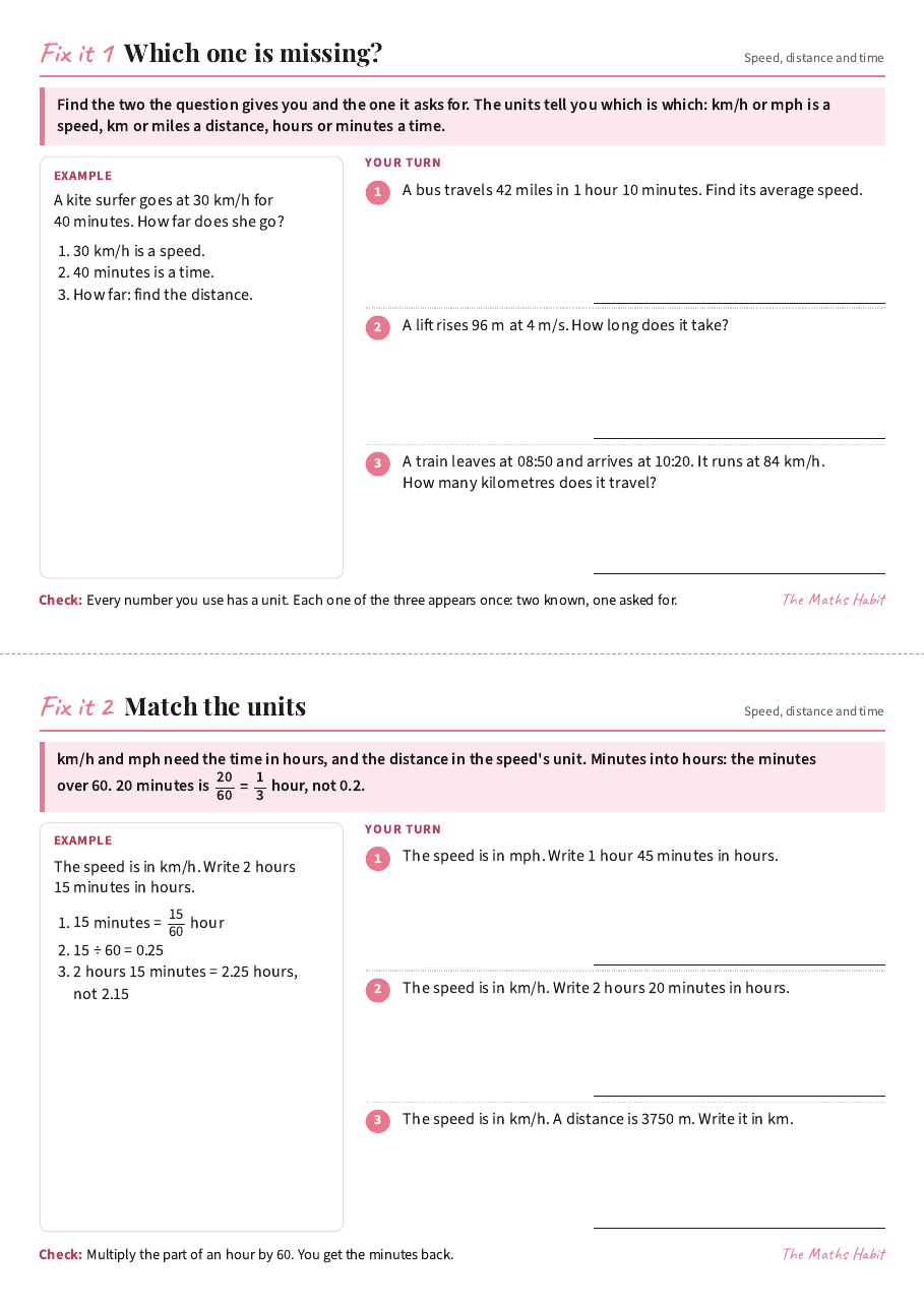 Fix it cards: speed, distance and time, first page