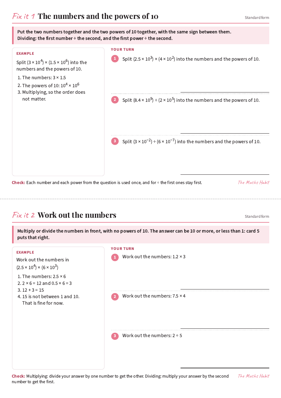 Fix it cards: standard form calculations, first page