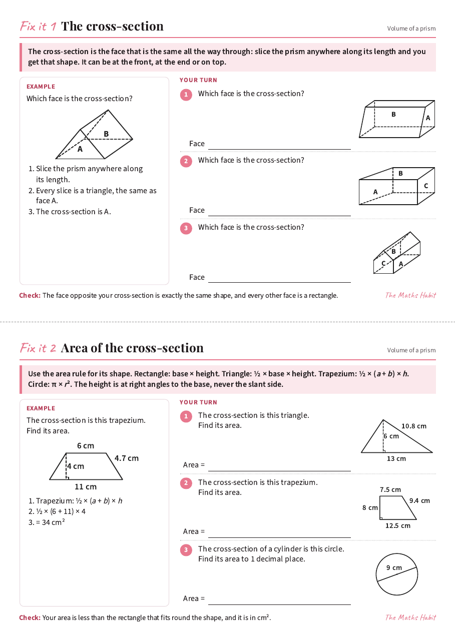 Fix it cards: volume of a prism, first page