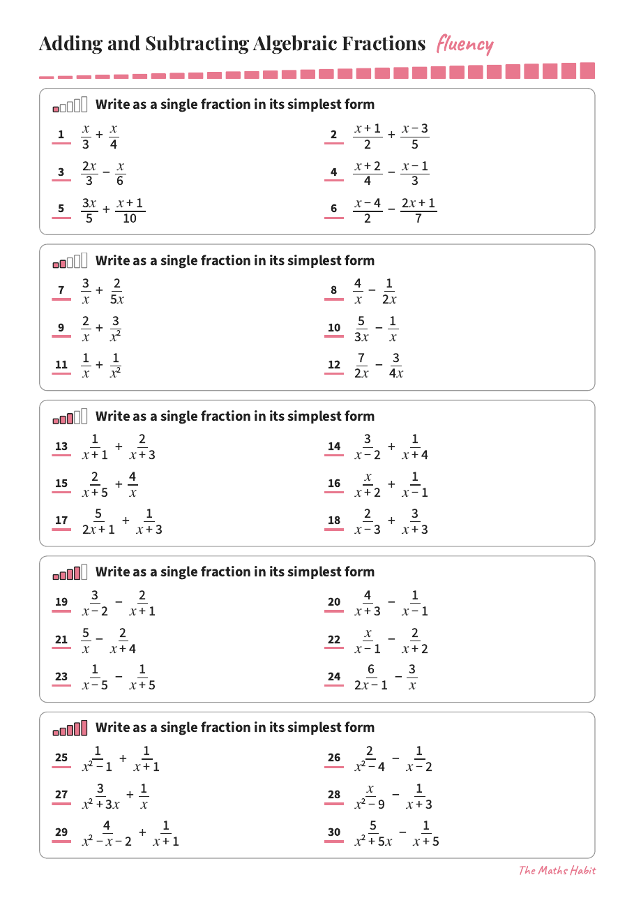 Fluency: adding and subtracting algebraic fractions, first page