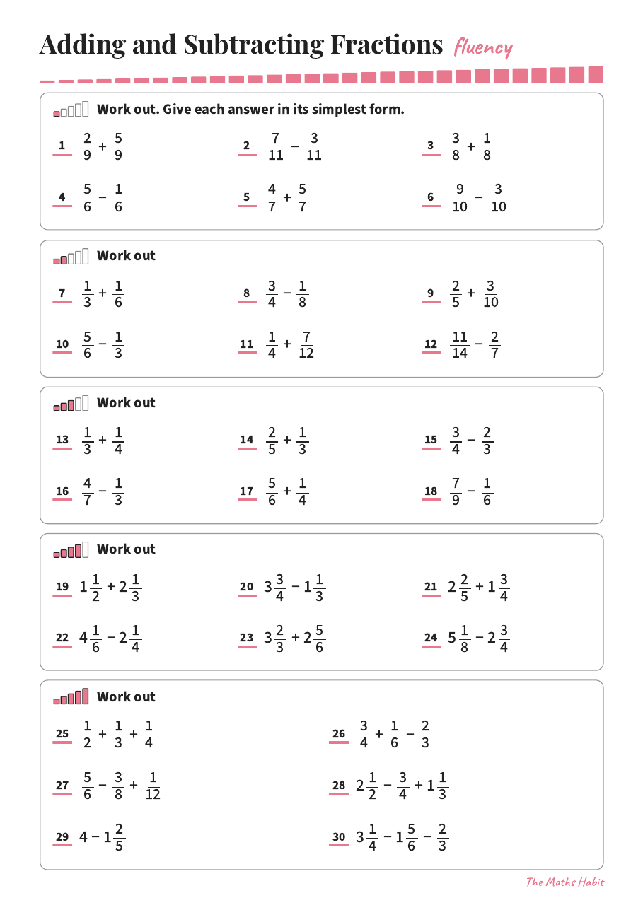 Fluency: adding and subtracting fractions, first page