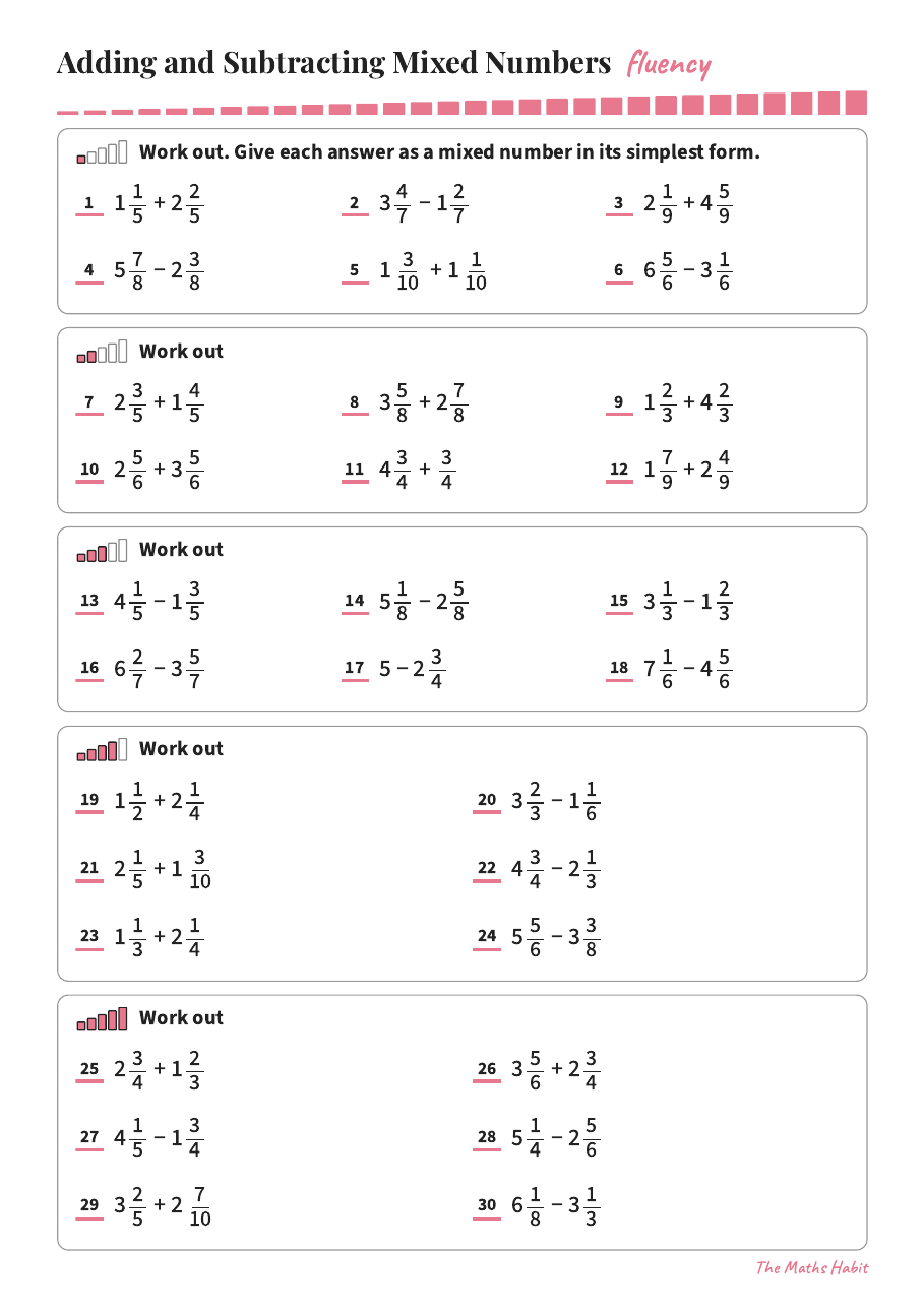 Fluency: adding and subtracting mixed numbers, first page