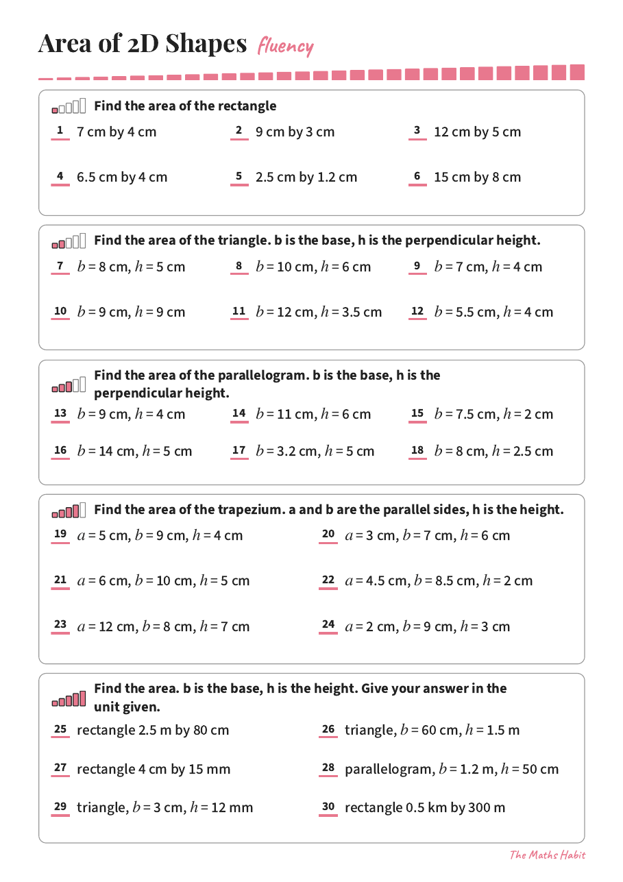 Fluency: area of 2d shapes, first page