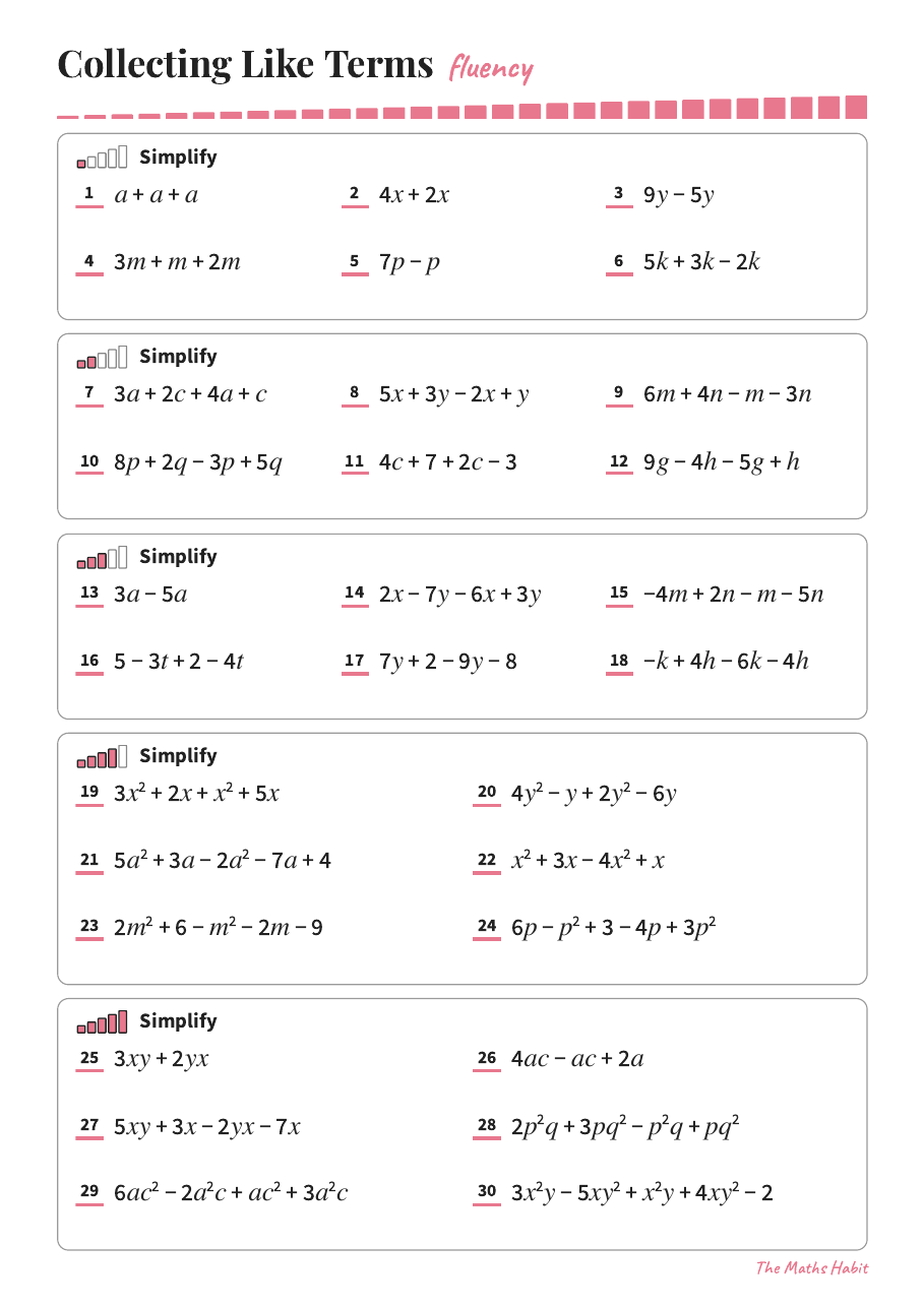 Fluency: collecting like terms, first page