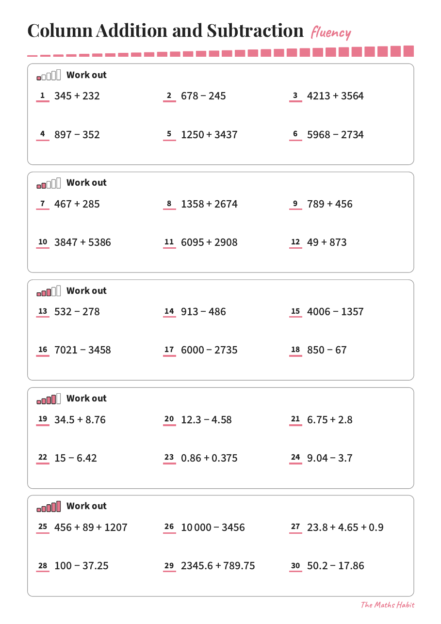 Fluency: column addition and subtraction, first page