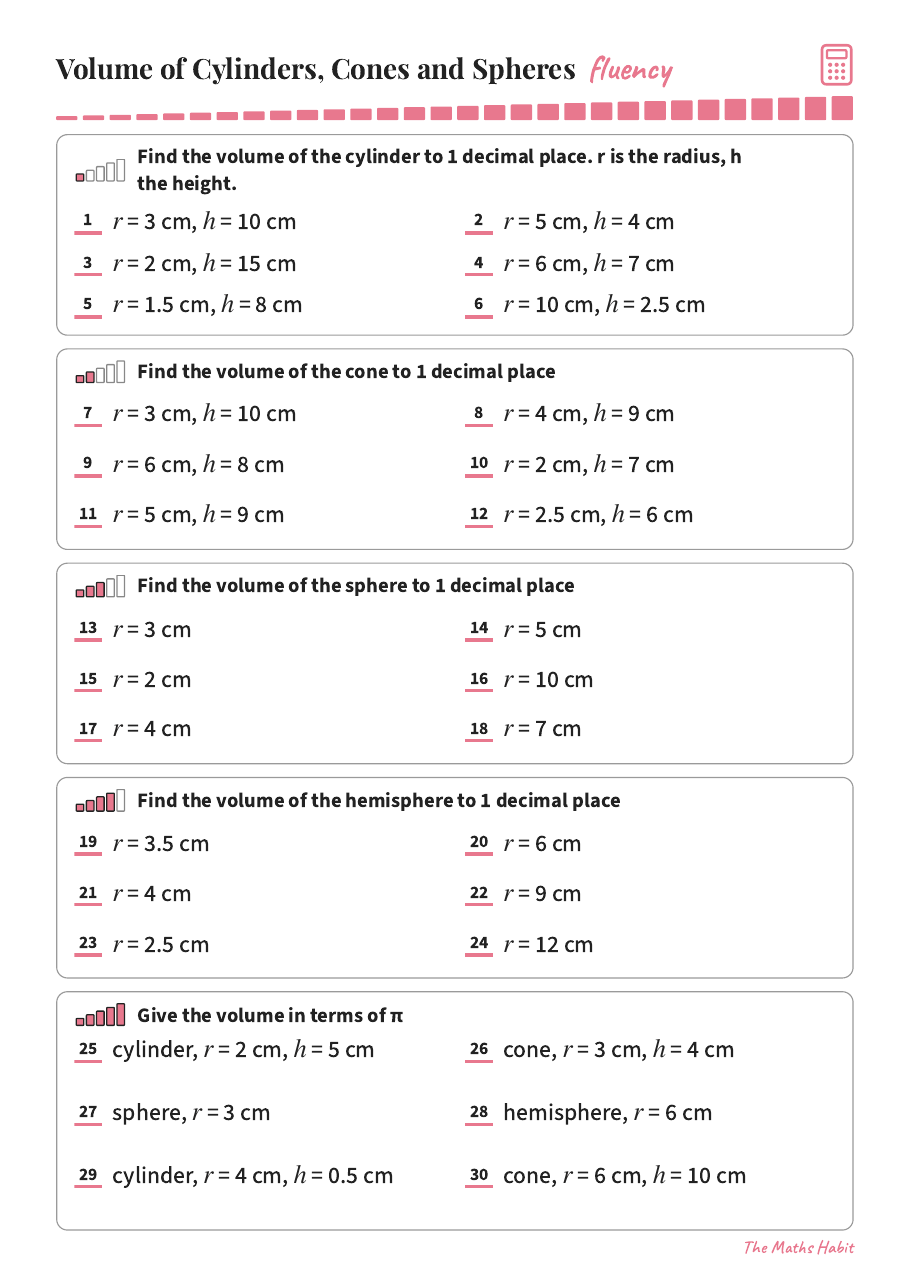 Fluency: volume of cylinders, cones and spheres, first page