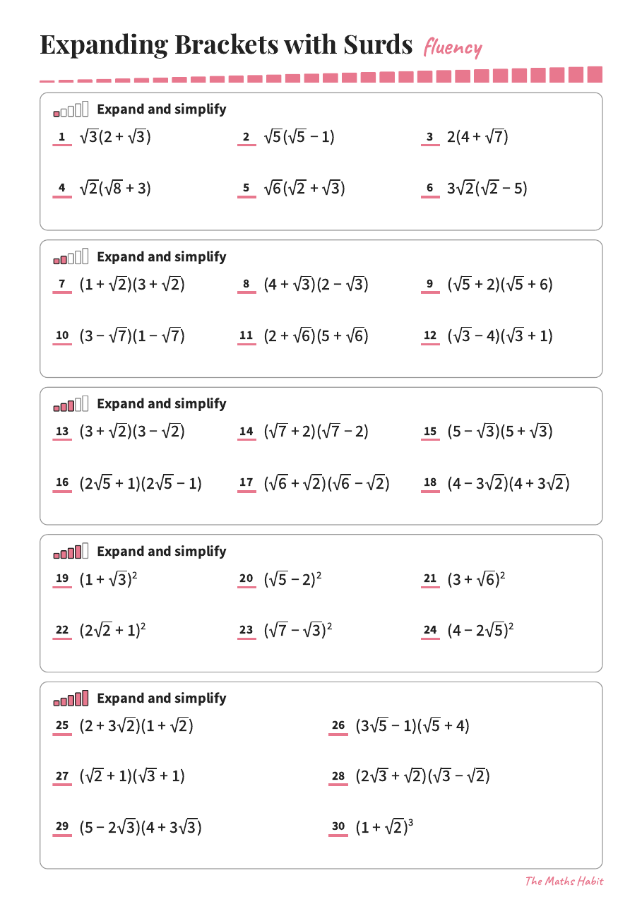 Fluency: expanding brackets with surds, first page