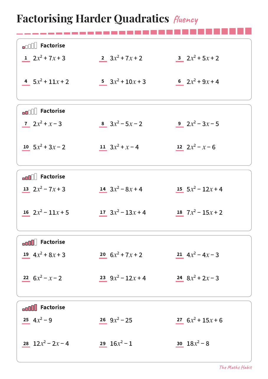 Fluency: factorising harder quadratics, first page