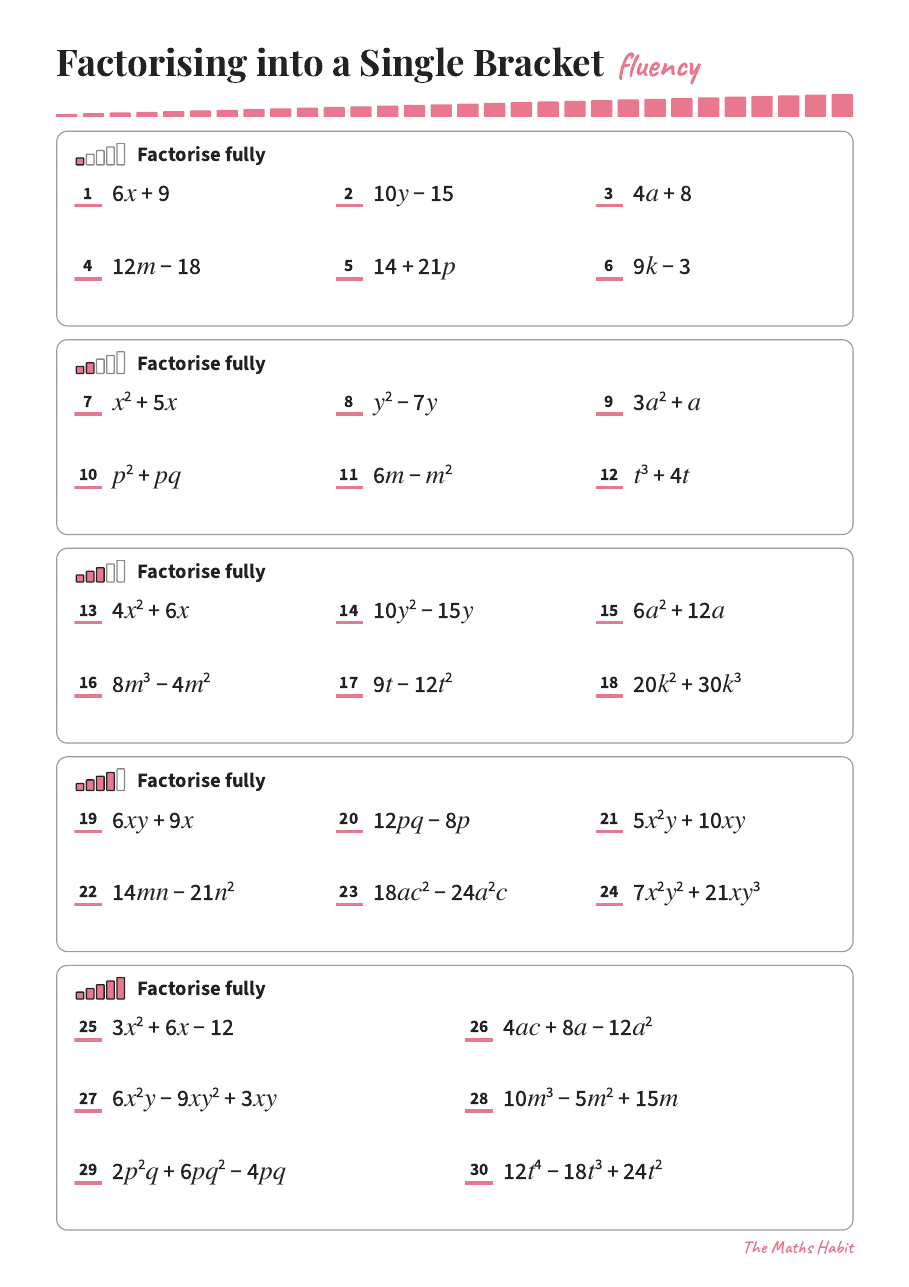 Fluency: factorising into a single bracket, first page
