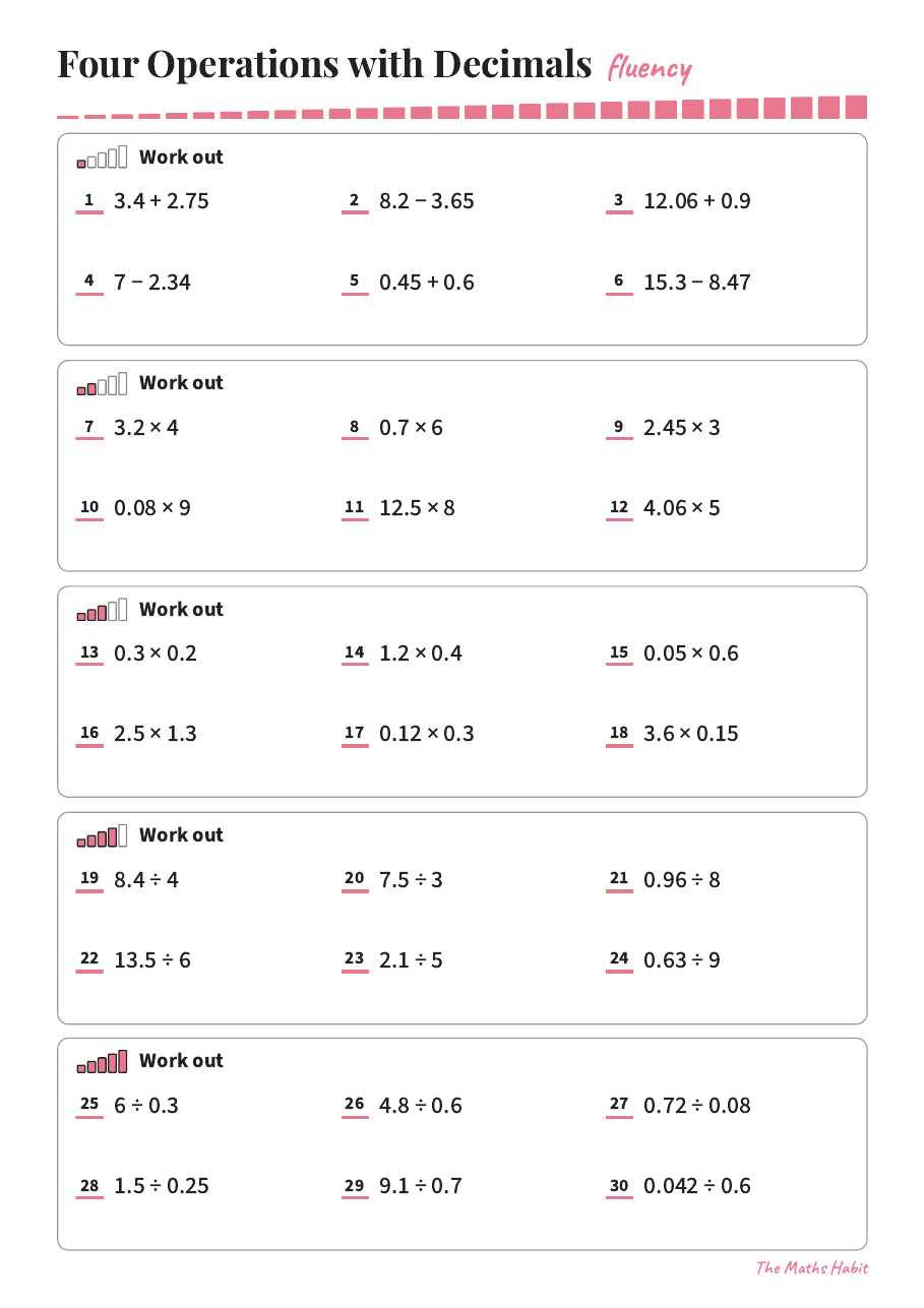 Fluency: four operations with decimals, first page