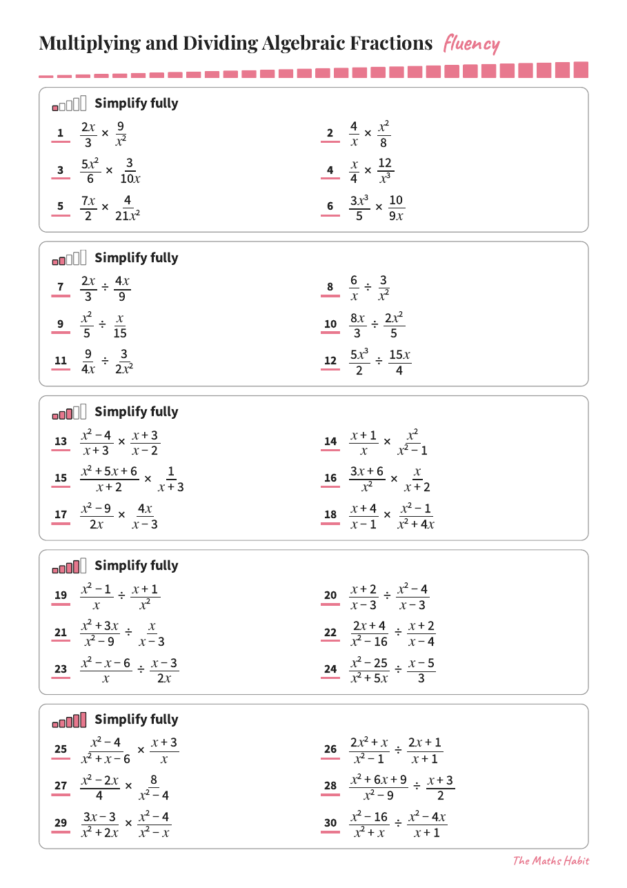 Fluency: multiplying and dividing algebraic fractions, first page