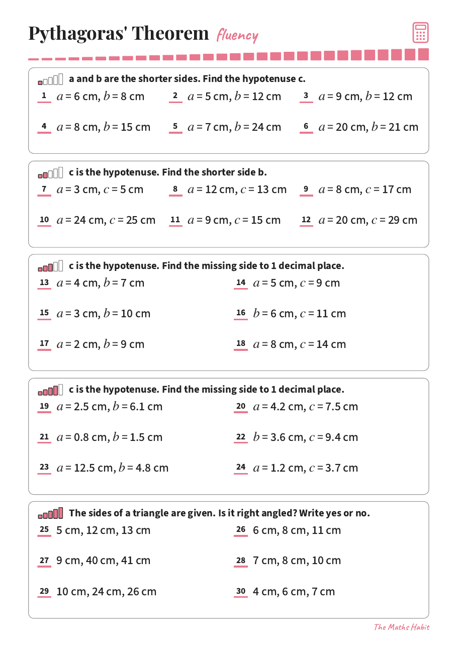 Fluency: pythagoras' theorem, first page