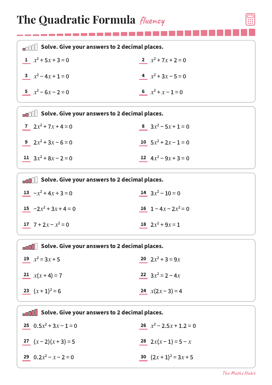 Fluency: the quadratic formula, first page