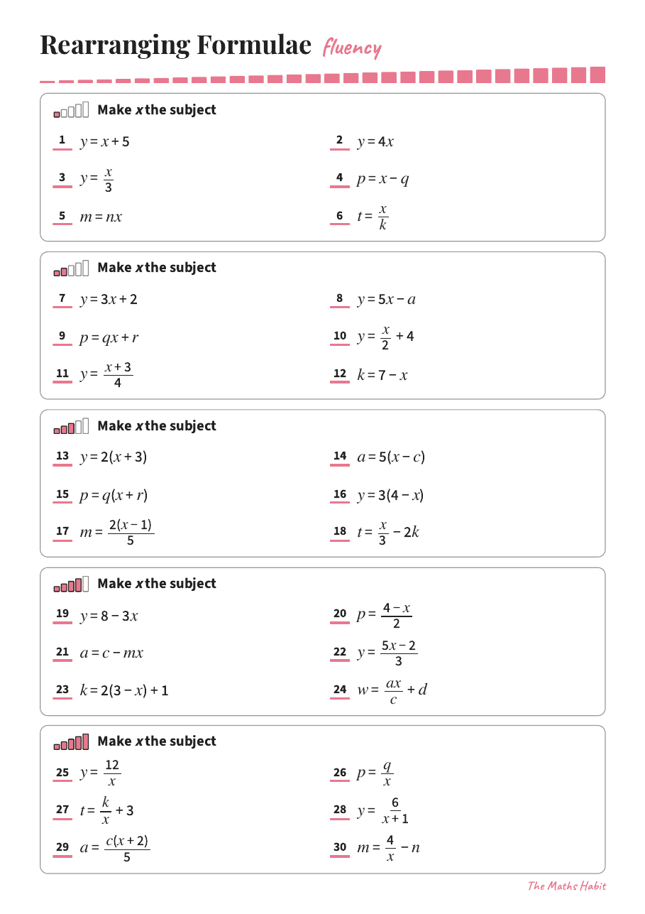 Fluency: rearranging formulae, first page