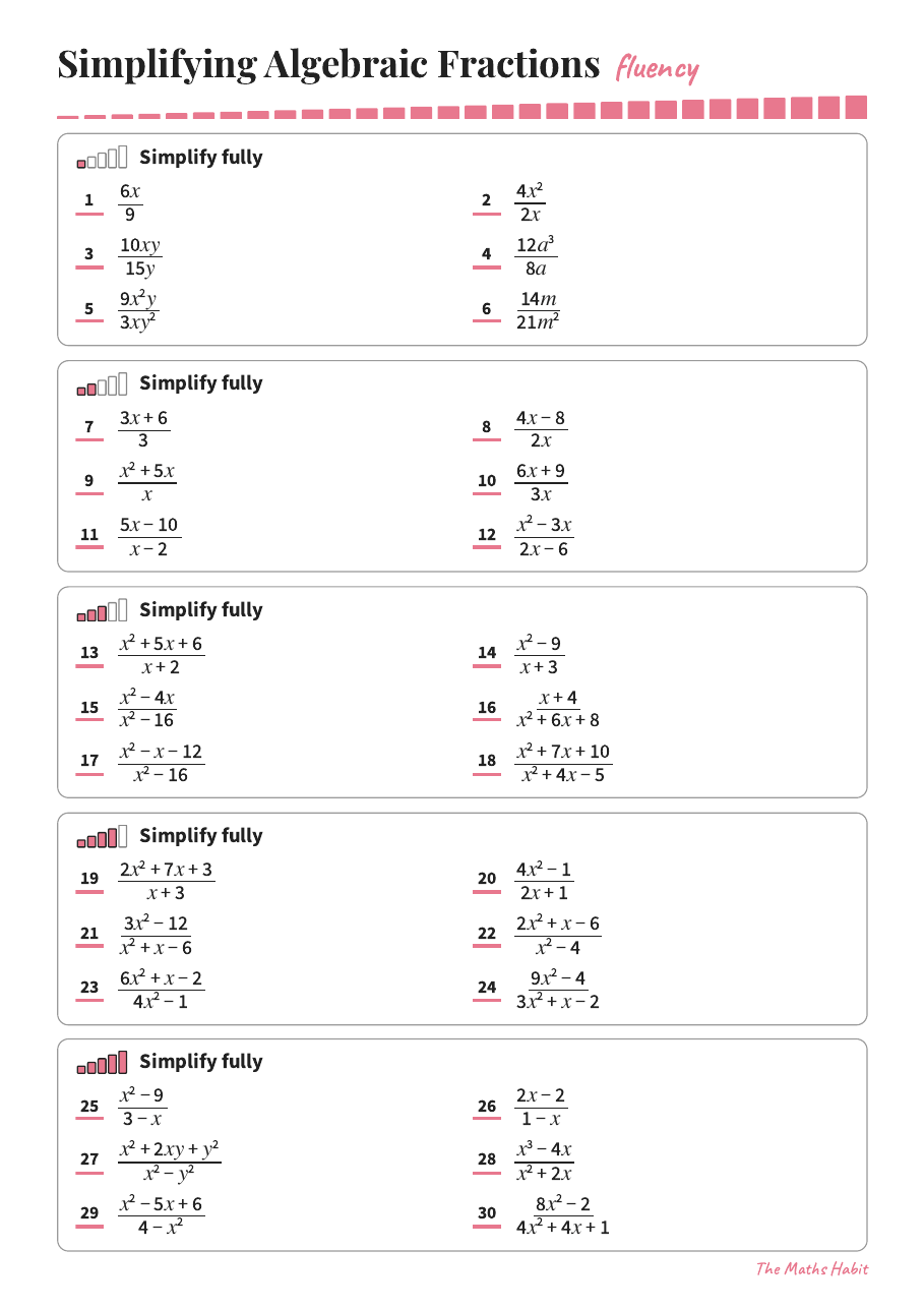 Fluency: simplifying algebraic fractions, first page