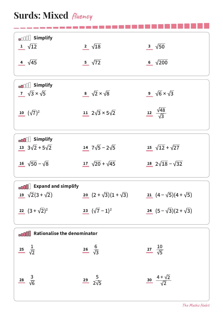 Fluency: surds, mixed, first page