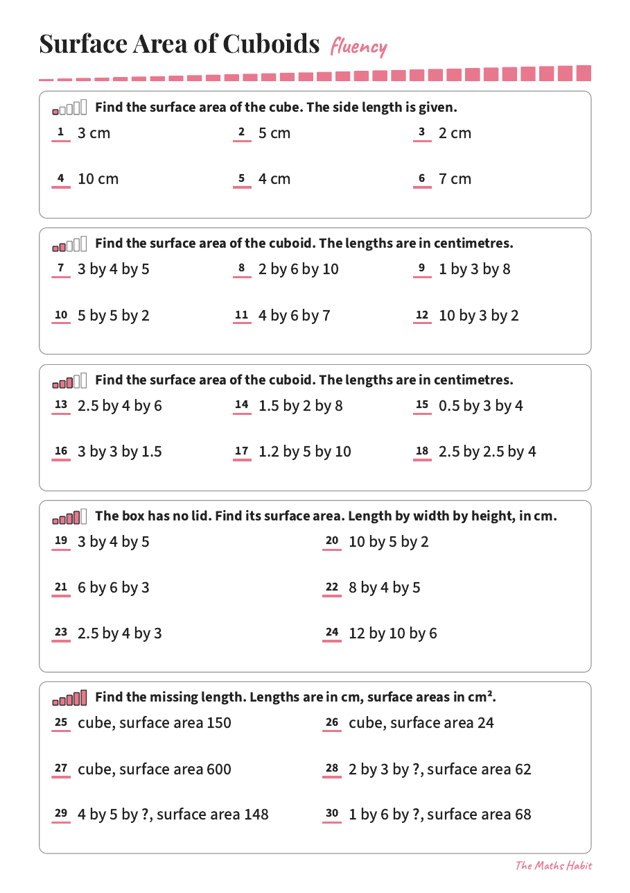 Fluency: surface area of cuboids, first page