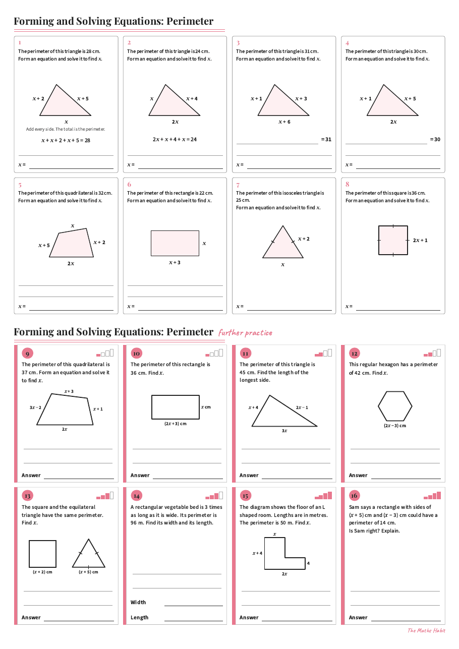 Forming and solving equations: perimeter, first page