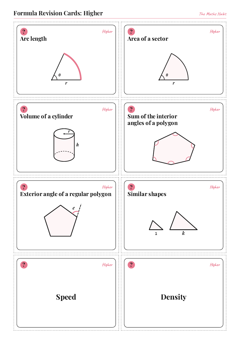 Formula revision cards: Higher, first page