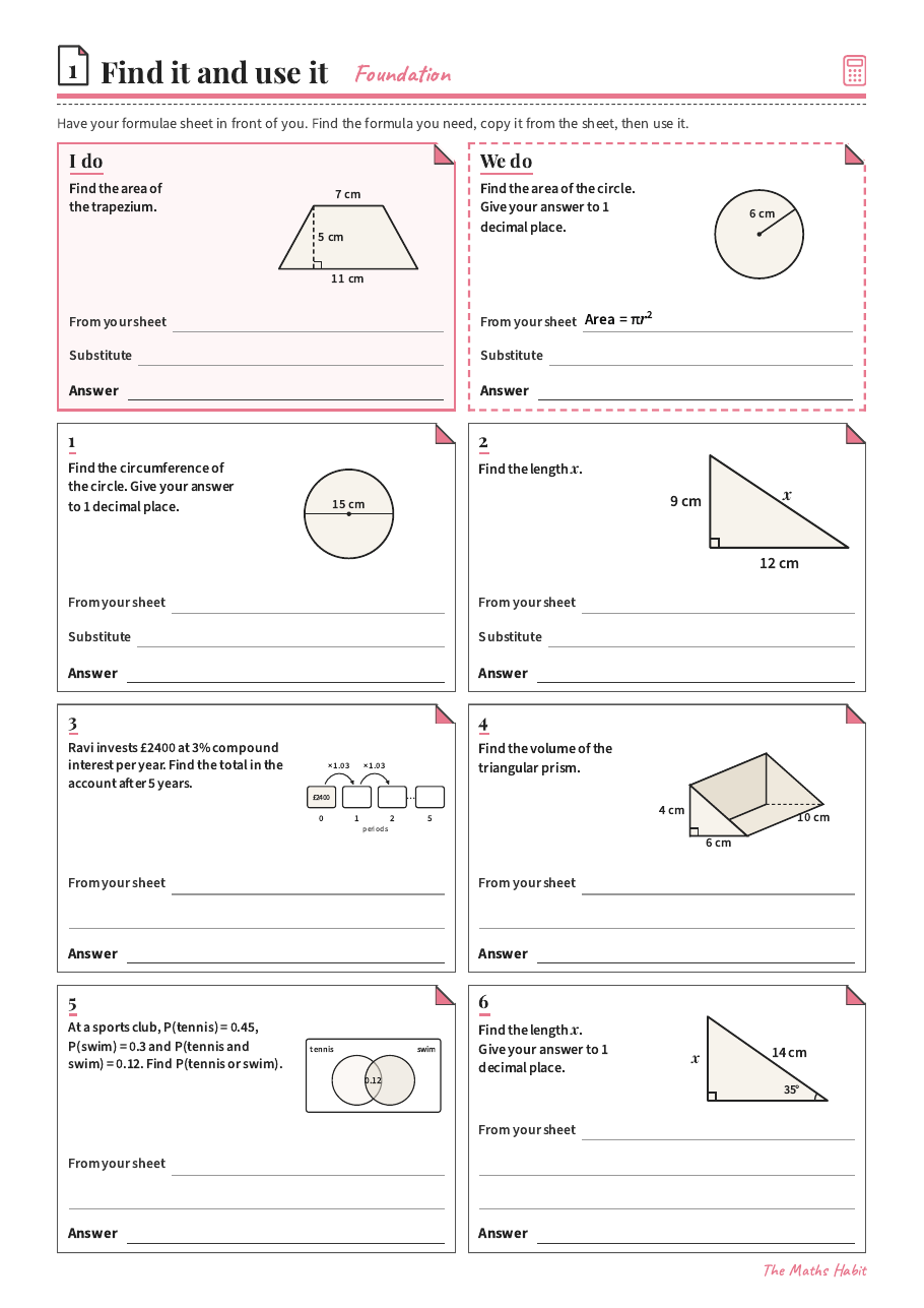 Using the formulae sheet: Foundation, first page