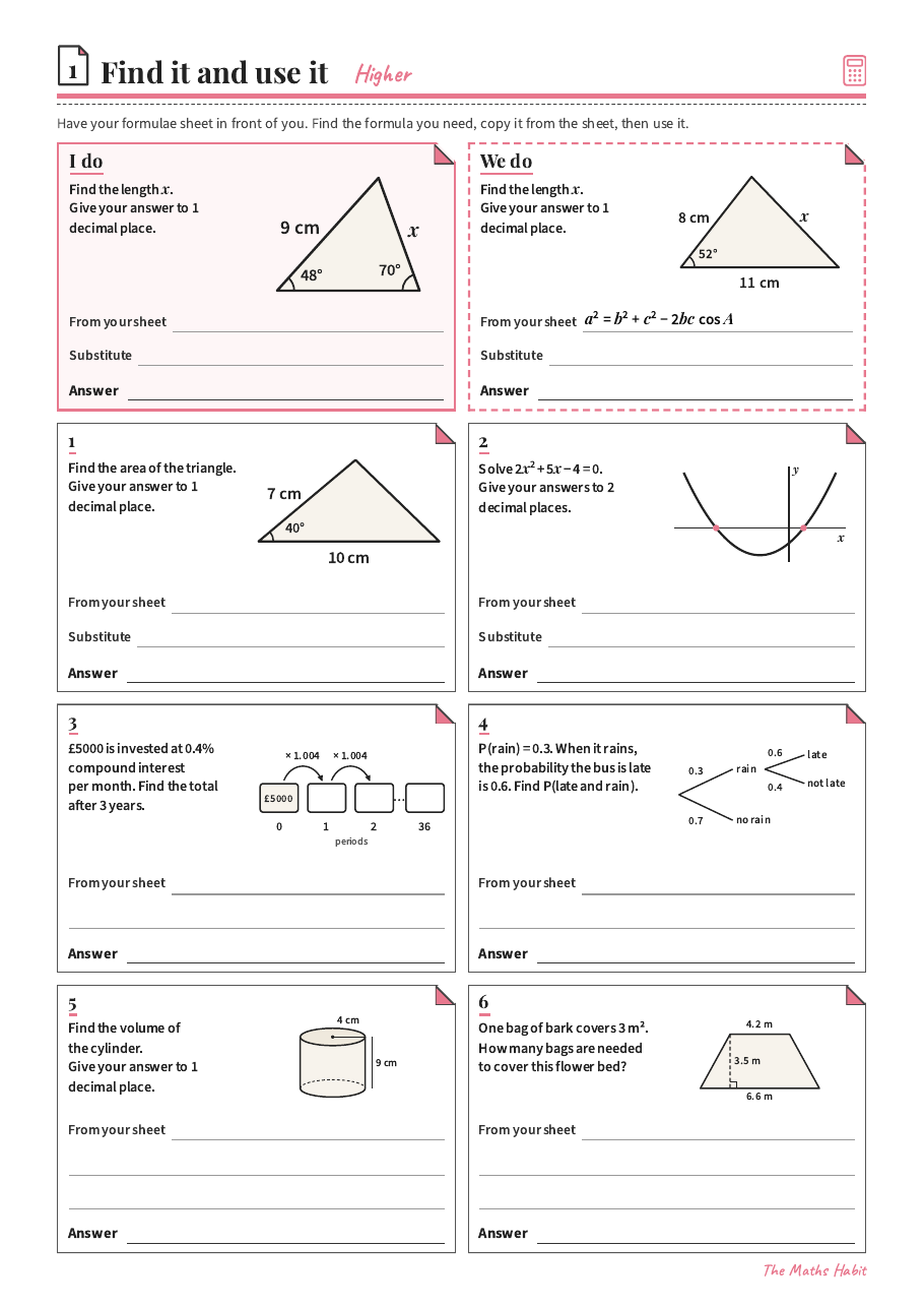 Using the formulae sheet: Higher, first page