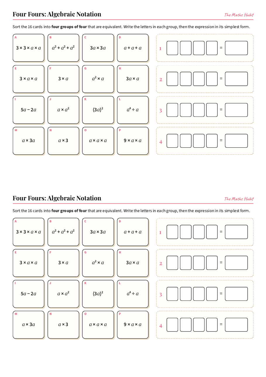 Four Fours: algebraic notation, first page